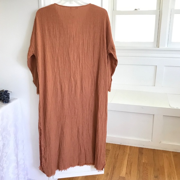 ZARA Dress Kaftan Coverup Lace Up Tie V Neck Frayed Hem Terra-Cotta Size Large - Picture 5 of 16